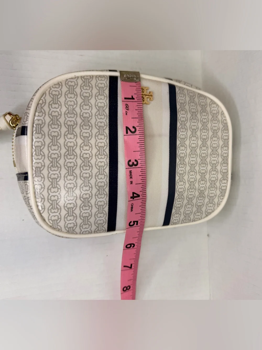 Blue Tory Burch Gemini Link Stripe Makeup Bag With vertical striped design